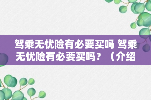 驾乘无忧险有必要买吗 驾乘无忧险有必要买吗？（介绍）